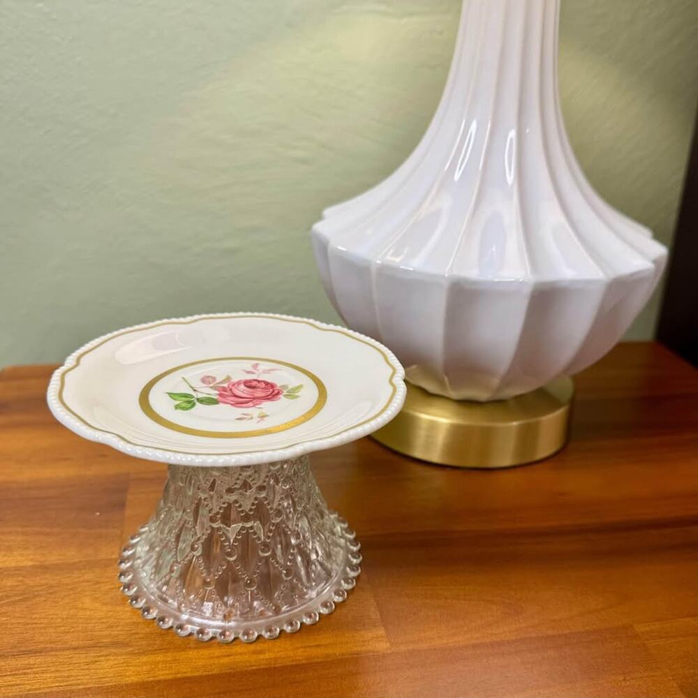 Upcycled Vintage Trinket Dish Hobnail Rose Gold Jewelry Keys Candle Floral